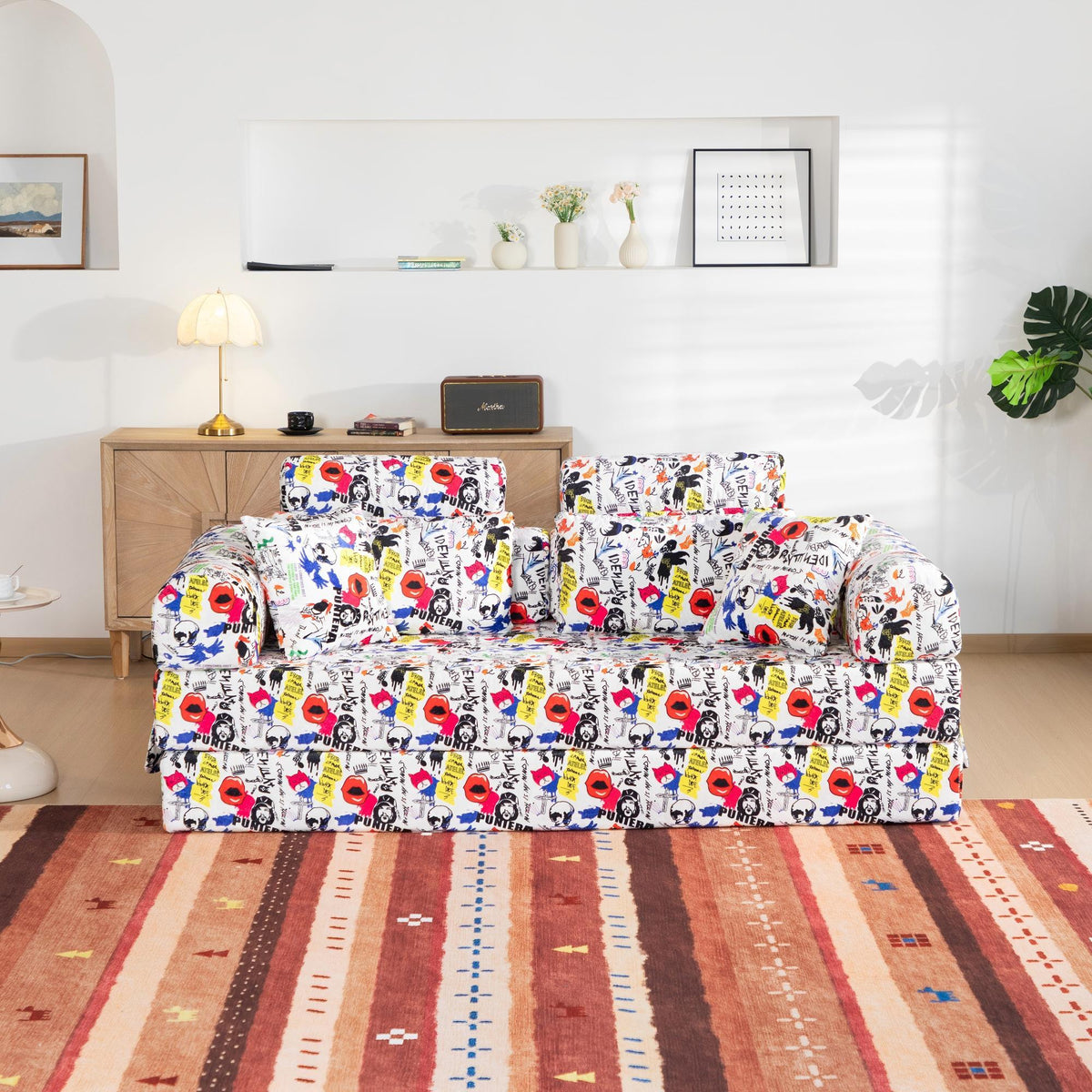 Pop Graffiti Printed Convertible Sleeper Sofa Bed, Foldable Multi Functional Couch For Living Room - White Home Essentials