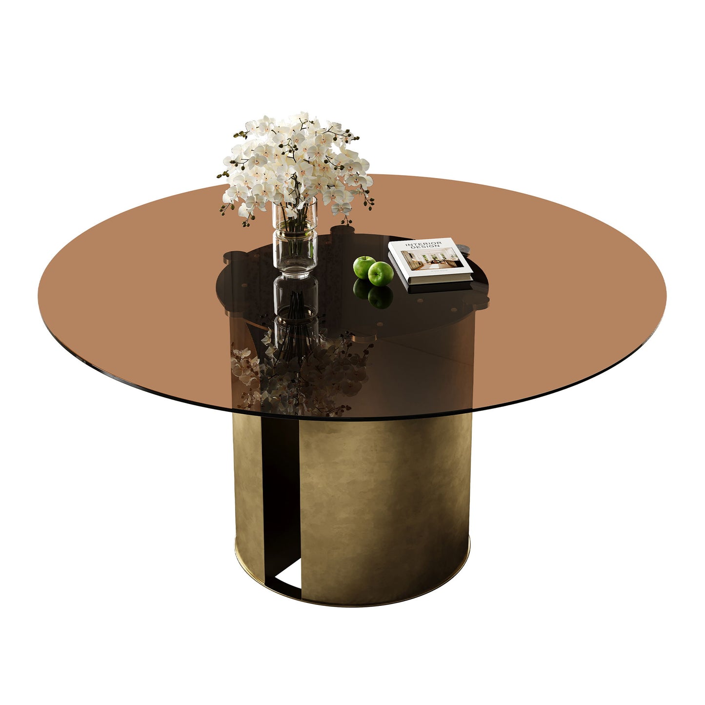 Round Dining Table With Glass Top, Kitchen And Living Room Furniture - Brown Home Essentials