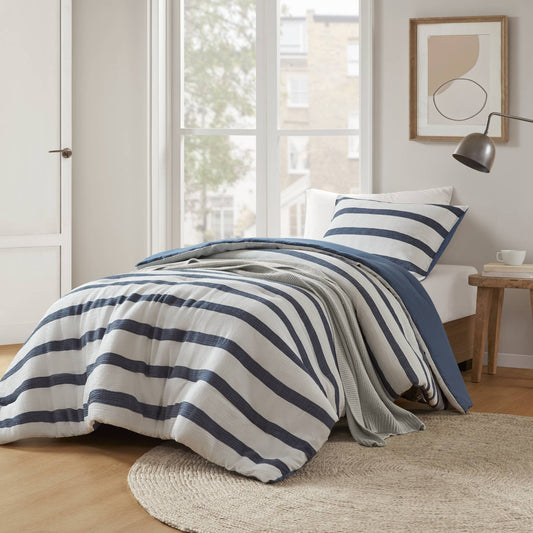 Merritt - Twin/Twin Long Yarn-Dyed Striped Comforter - Blue Super Listing