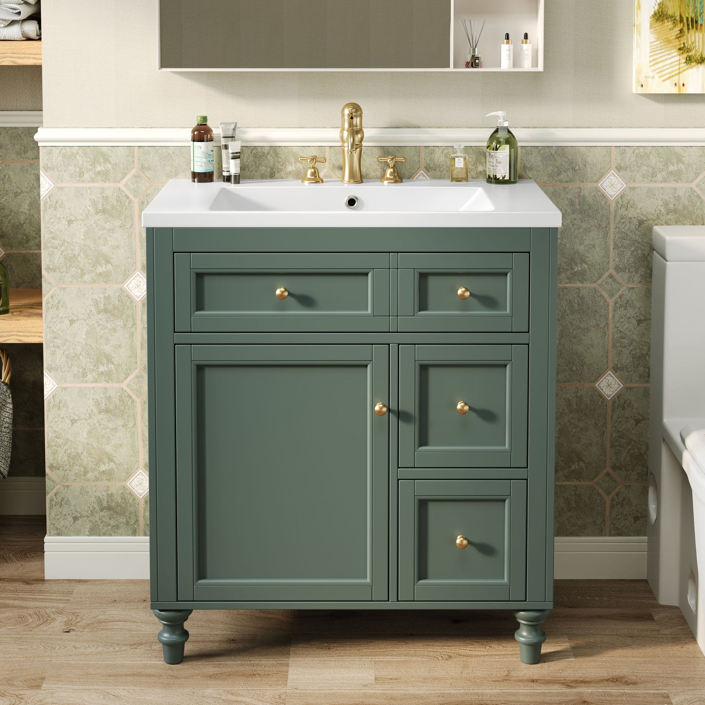 Bathroom Vanity With Top Sink, Modern Storage Cabinet With 2 Drawers And A Tip-Out Drawer