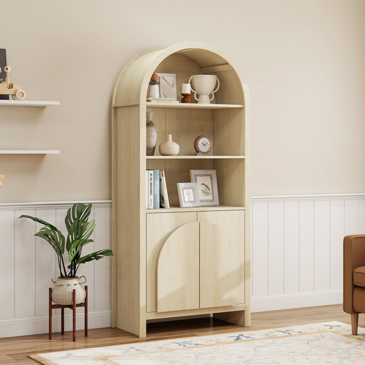 Arched Kitchen Pantry, Modern Farmhouse Wood Kitchen Storage Cabinets, Arched Storage Display Cabinet With Adjustable Shelves, Versatile Cupboard For Kitchen, Dining Room - Natural Home Essentials