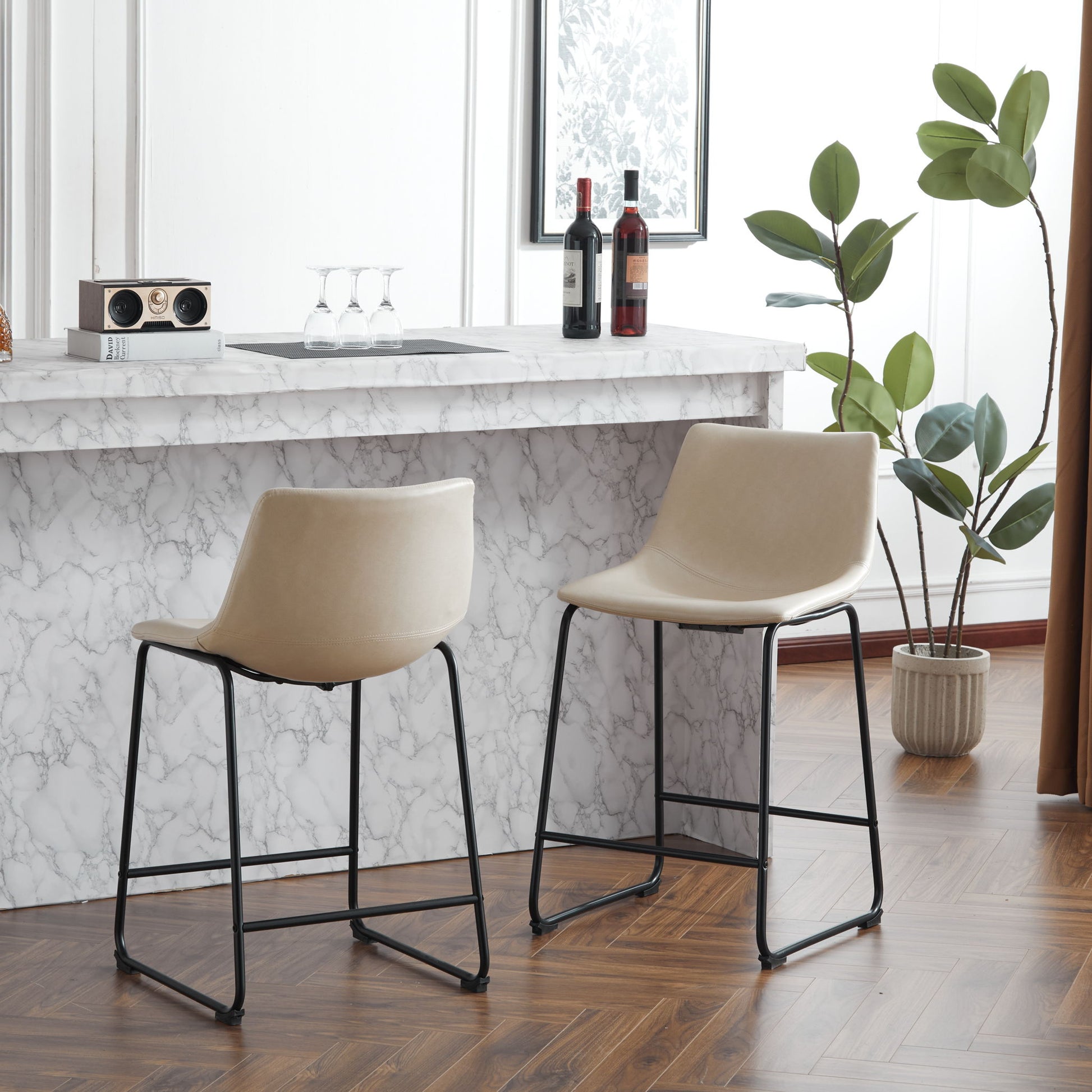 Vintage Style Armless Industrial Counter Stool With Metal Legs And Footrest For Kitchen Island, Cafe, Pub, Bar Counter (Set of 2) - Cream / Black Noble House