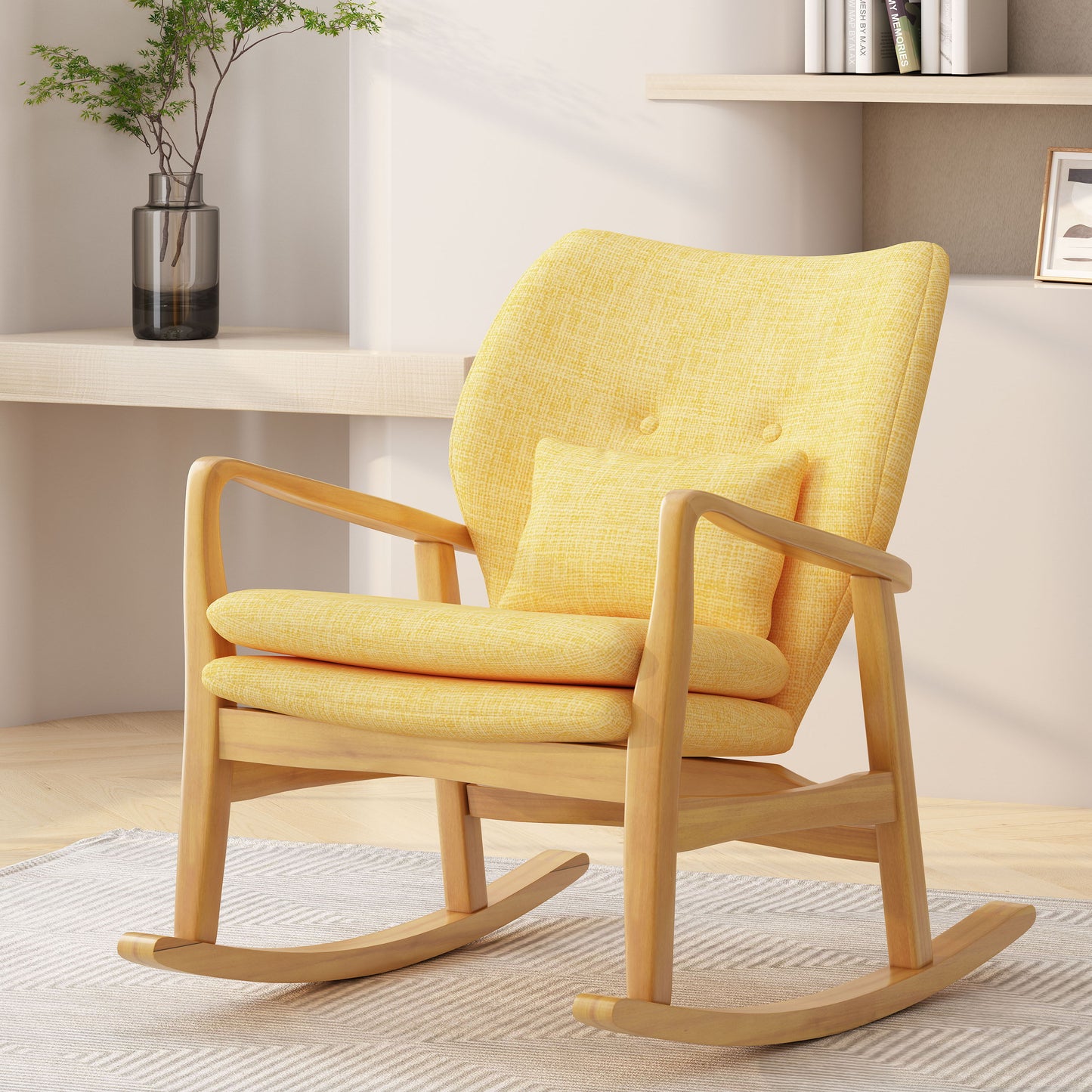 Elegant Solid Wood Rocking Chair With Linen Cushion