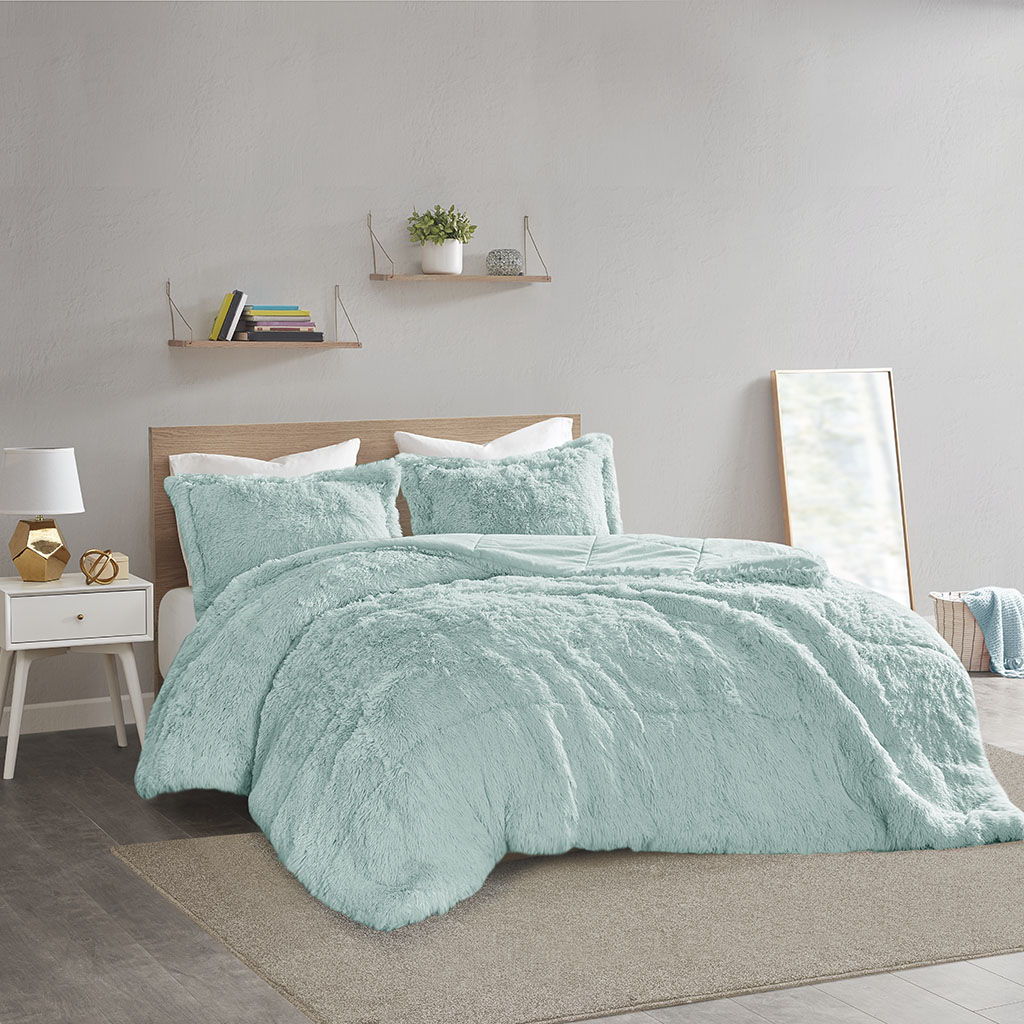 Malea - Shaggy Long Comforter Mini Set - Aqua