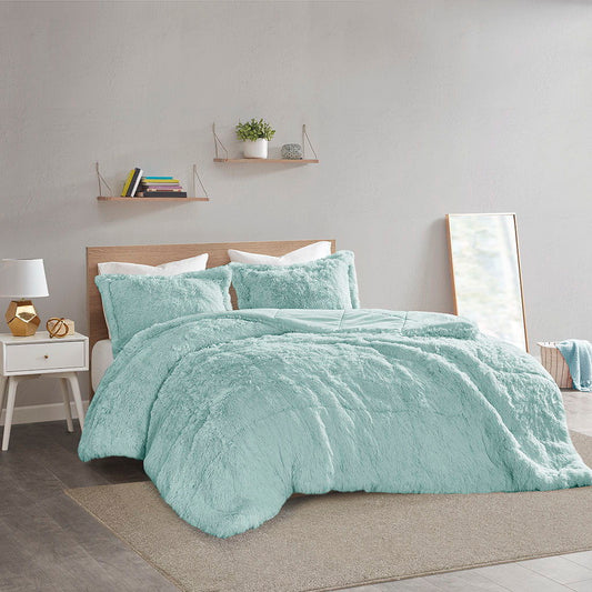 Malea - Shaggy Long Comforter Mini Set - Aqua