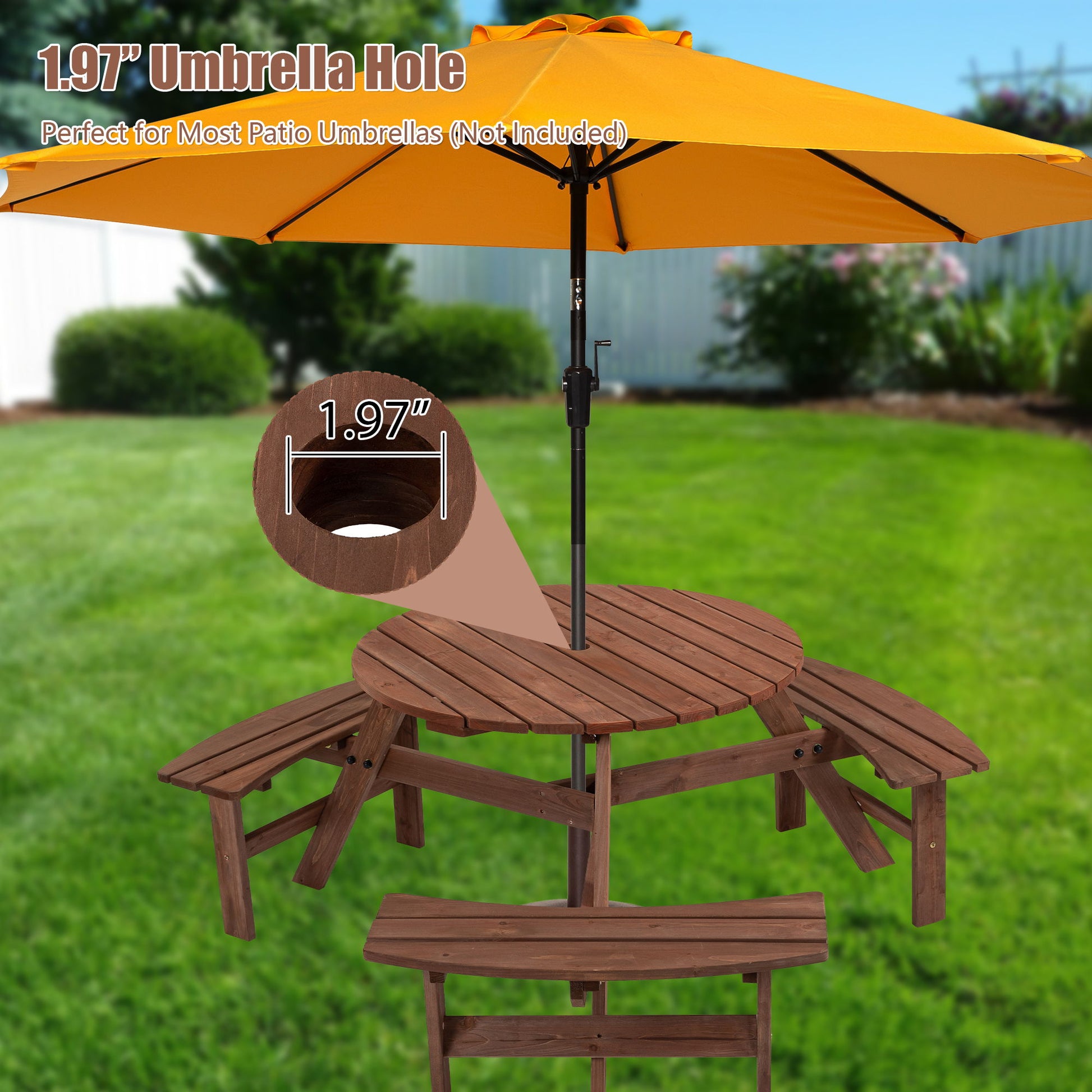 6 Person Circular Outdoor Wooden Picnic Table For Patio, Backyard, Garden, Diy With 3 Built-In Benches, 1720Lb Capacity Home Essentials