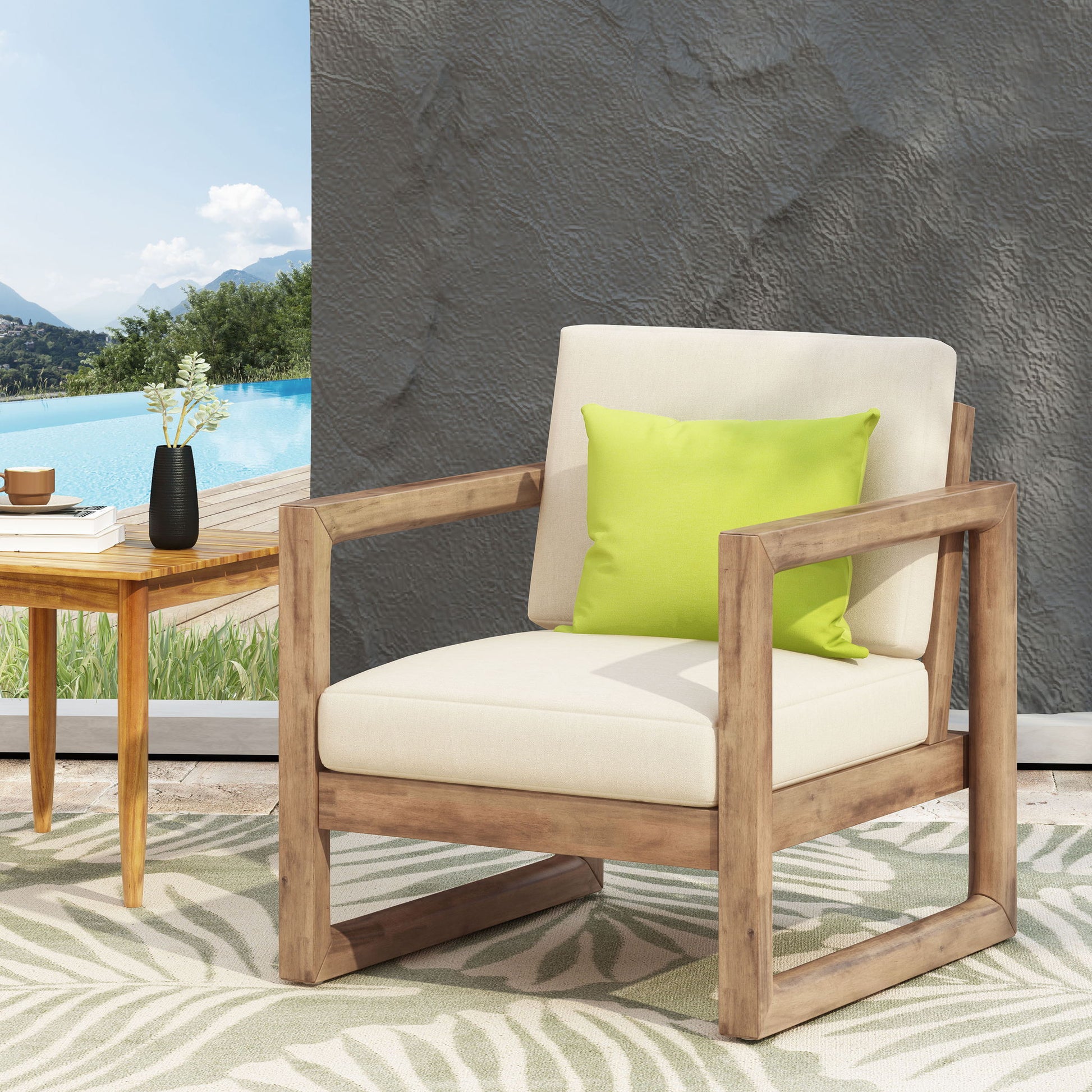 Outdoor Acacia Wood Patio Club Chair, Wood Patio Furniture, Waterproof Thick Cushion Deep Seating For Porch - Brown Wash / Beige Noble House