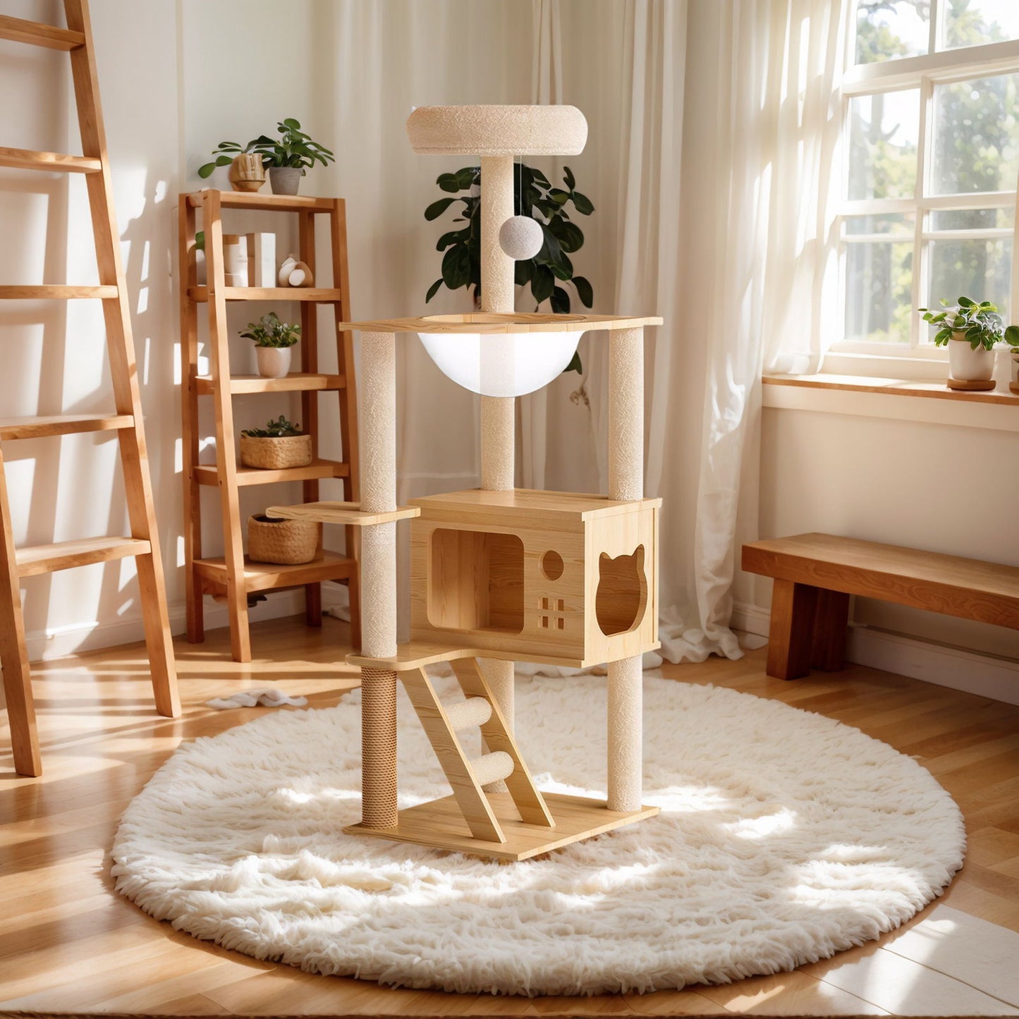Modern Cat Tower, Wood Cat Tree Tower For Indoor Cats, Cat Tree With Sisal Covered Scratching Posts And Top Perch - Natural / White Daily Nest