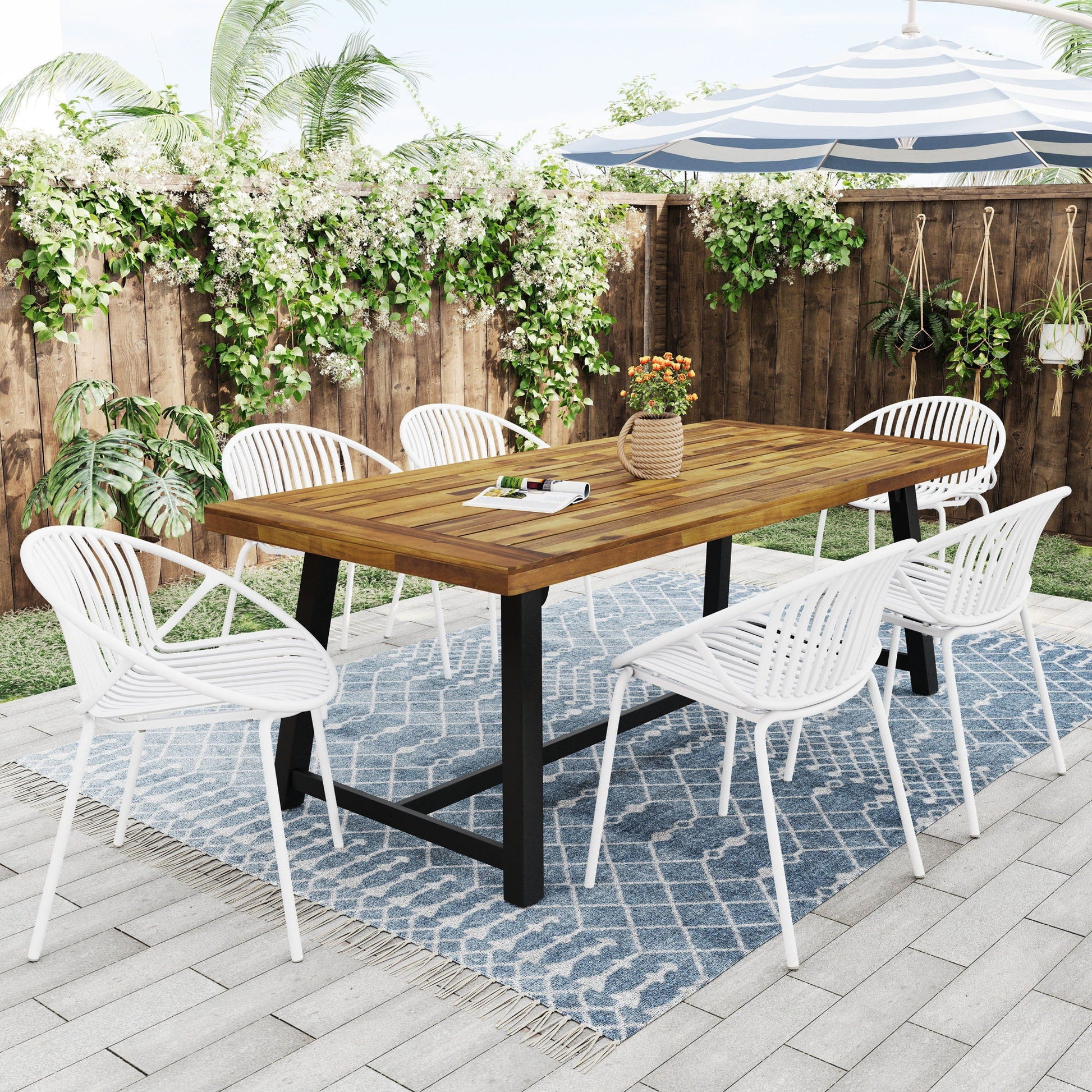 7 Piece Outdoor Modern Dining Set With Stackable Chairs Noble House