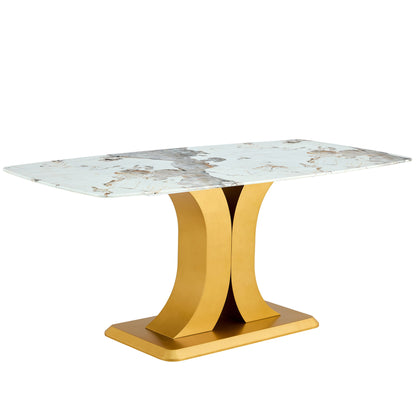 Modern Minimalist Dining Table With Imitation Marbled Glass Top And Legs For Kitchen And Living Room - Gold Home Essentials