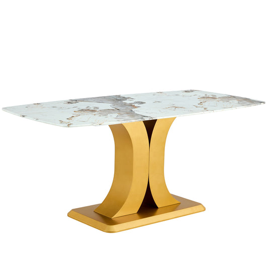 Modern Minimalist Dining Table With Imitation Marbled Glass Top And Legs For Kitchen And Living Room - Gold Home Essentials