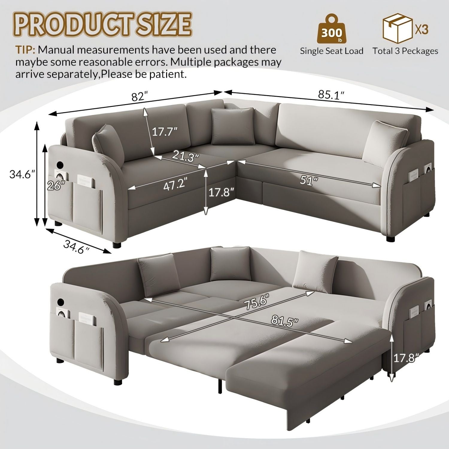 L-Shaped Couch With Pull-Out Bed, Oversize Convertible Sleeper Sofa With Side Pocket & USB Port Home Essentials