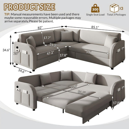 L-Shaped Couch With Pull-Out Bed, Oversize Convertible Sleeper Sofa With Side Pocket & USB Port Home Essentials