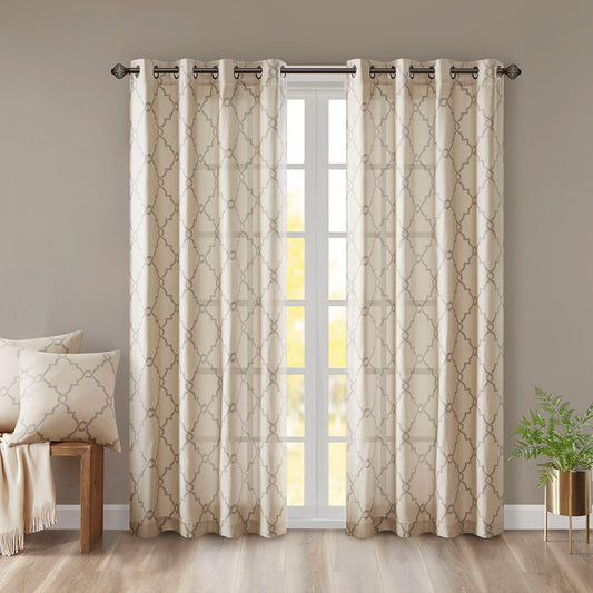 Saratoga - 95" Fretwork Print Grommet Top Window Curtain - Beige