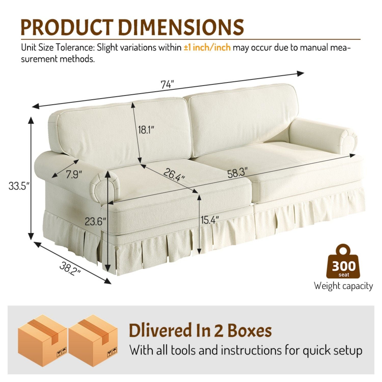Luxuriously Comfortable Cloud Couch Sofa With Elegant Rolled Arms & Pleated Skirt Design Home Essentials