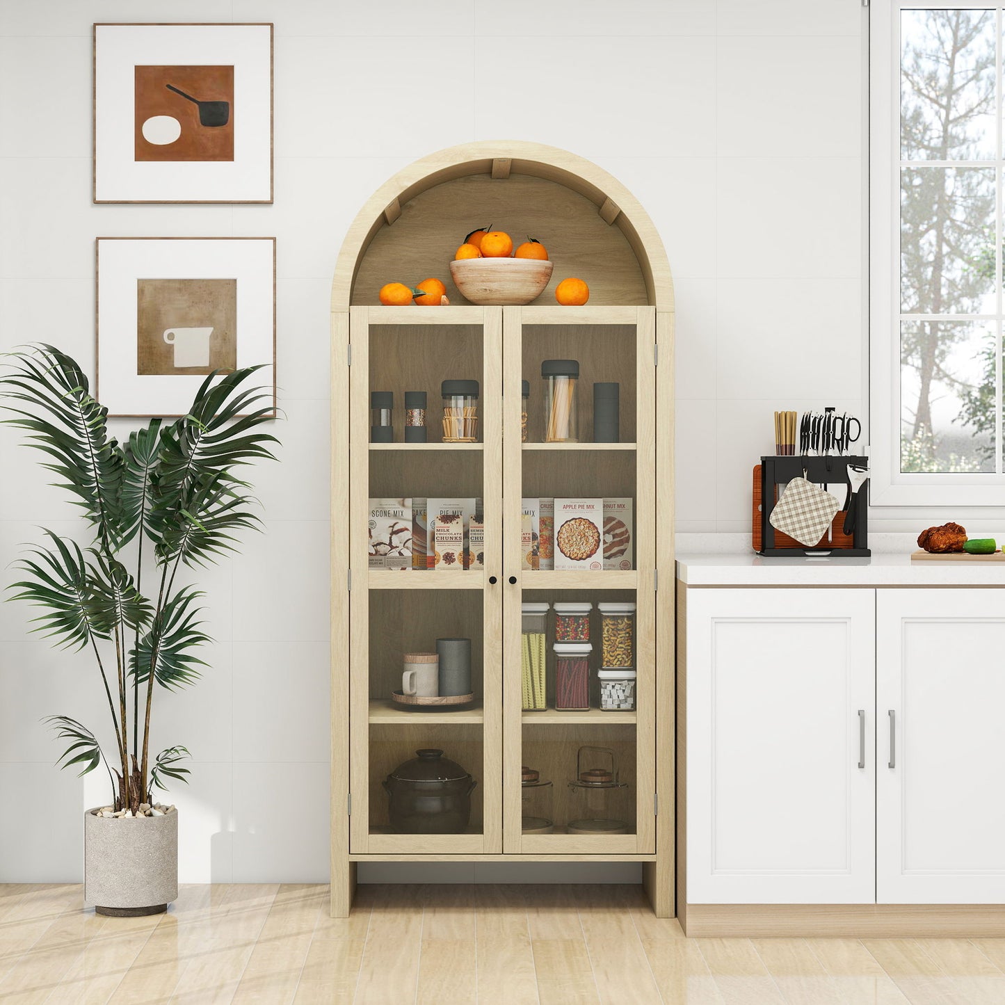 Tall Arched Kitchen Pantry, Modern Farmhouse Wood Kitchen Storage Cabinets, Arched Storage Display Cabinet With Adjustable Shelves, Versatile Cupboard For Kitchen, Dining Room - Natural Home Essentials