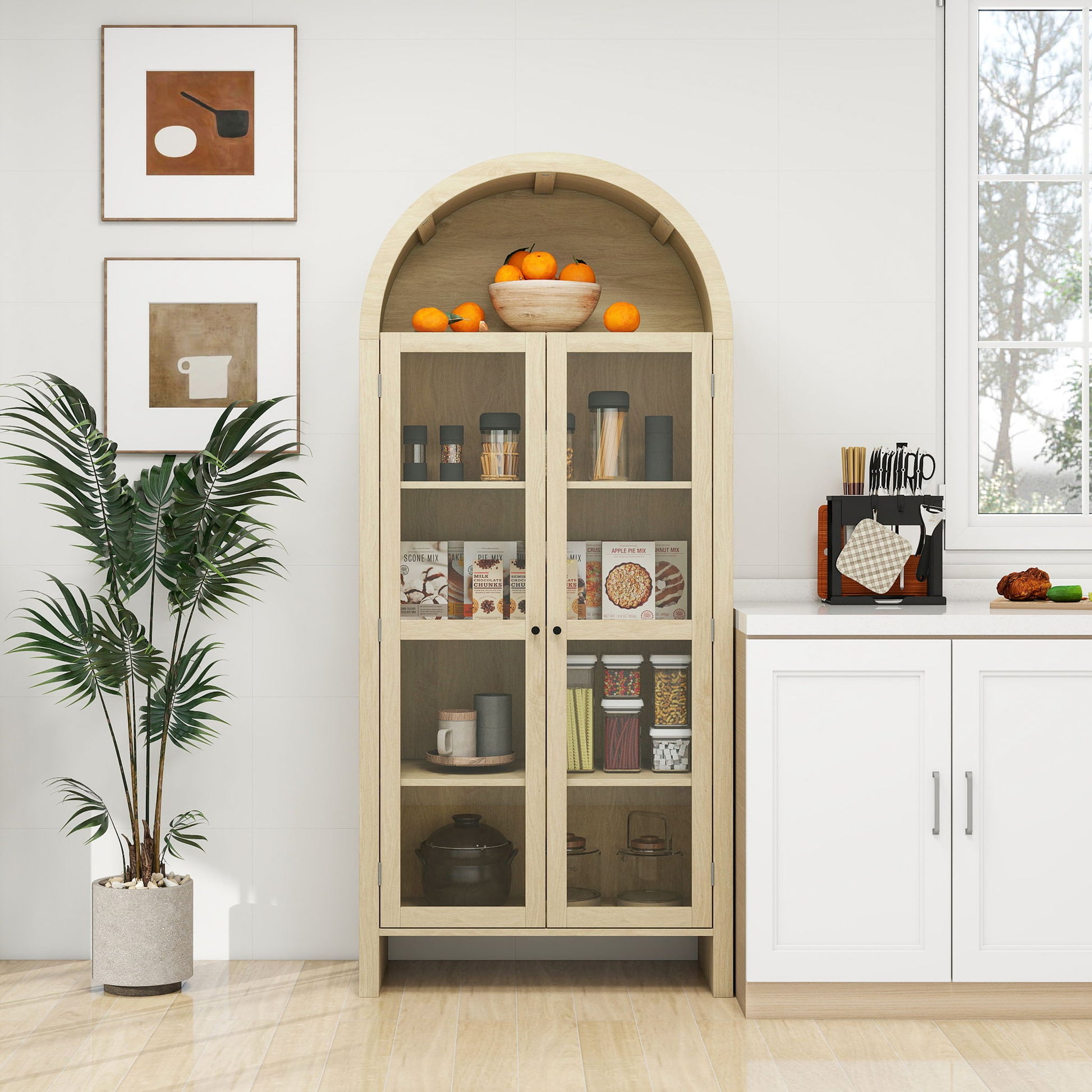 Tall Arched Kitchen Pantry, Modern Farmhouse Wood Kitchen Storage Cabinets, Arched Storage Display Cabinet With Adjustable Shelves, Versatile Cupboard For Kitchen, Dining Room - Natural Home Essentials