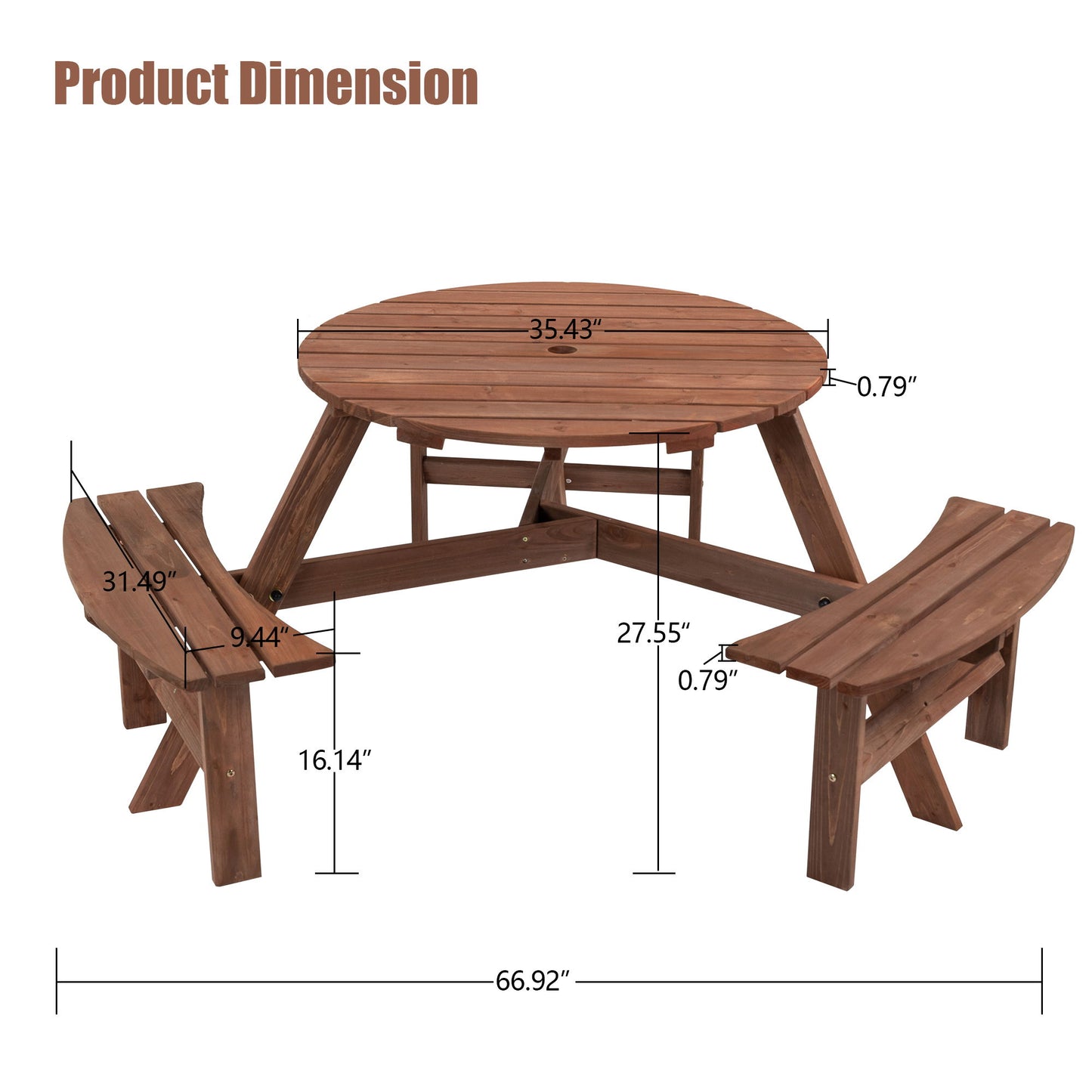 6 Person Circular Outdoor Wooden Picnic Table For Patio, Backyard, Garden, Diy With 3 Built-In Benches, 1720Lb Capacity Home Essentials