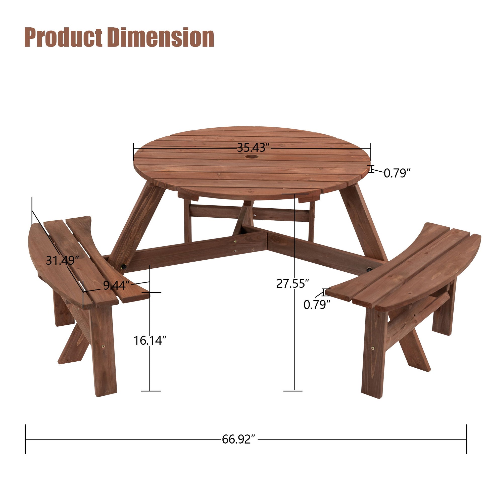 6 Person Circular Outdoor Wooden Picnic Table For Patio, Backyard, Garden, Diy With 3 Built-In Benches, 1720Lb Capacity Home Essentials