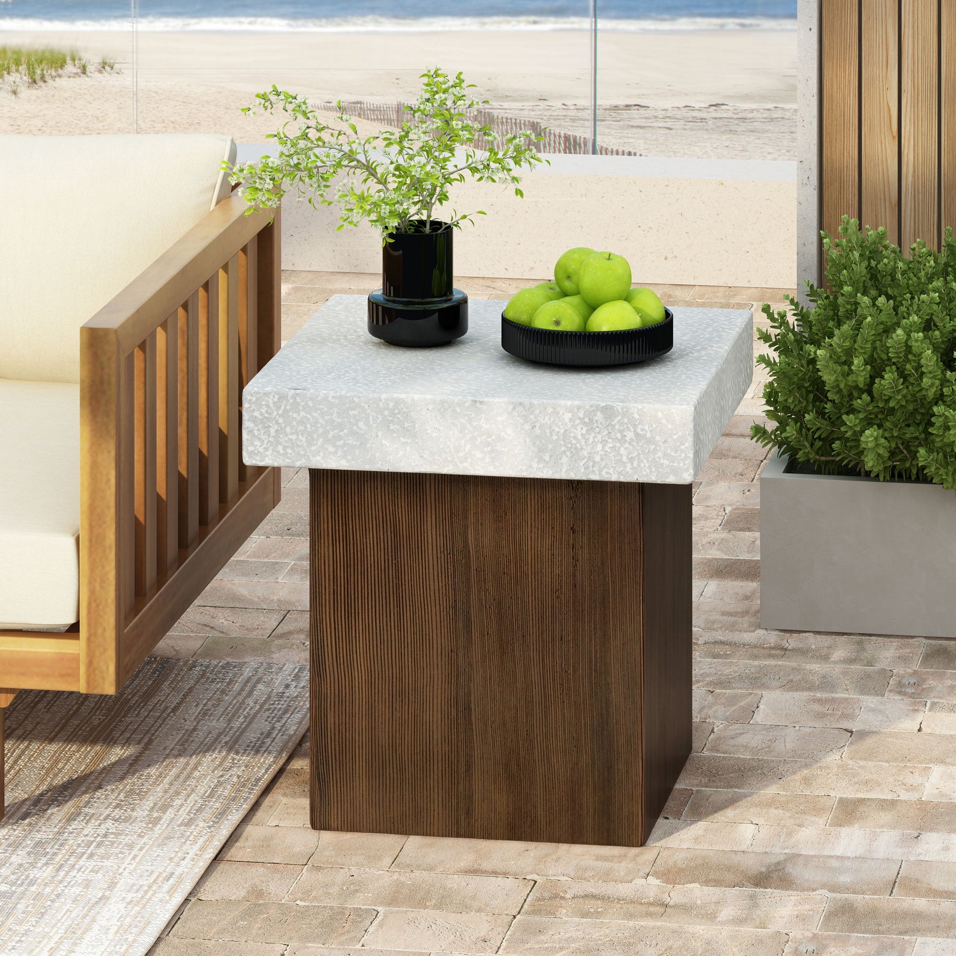 Mgo Square Side Table With Faux Stone Top And Wood Frame - Antique White / Natural Wood Noble House