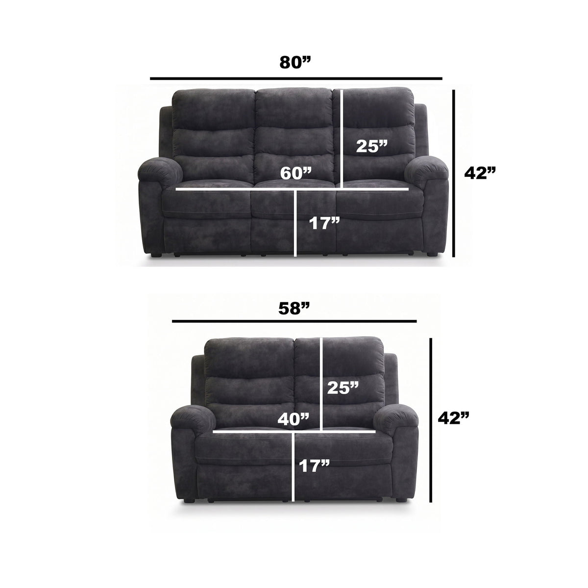 2 Piece Reclining Sofa Set, 3 Seat Sofa & 2 Seat Loveseat, 150° Recline - Dark Gray Home Essentials