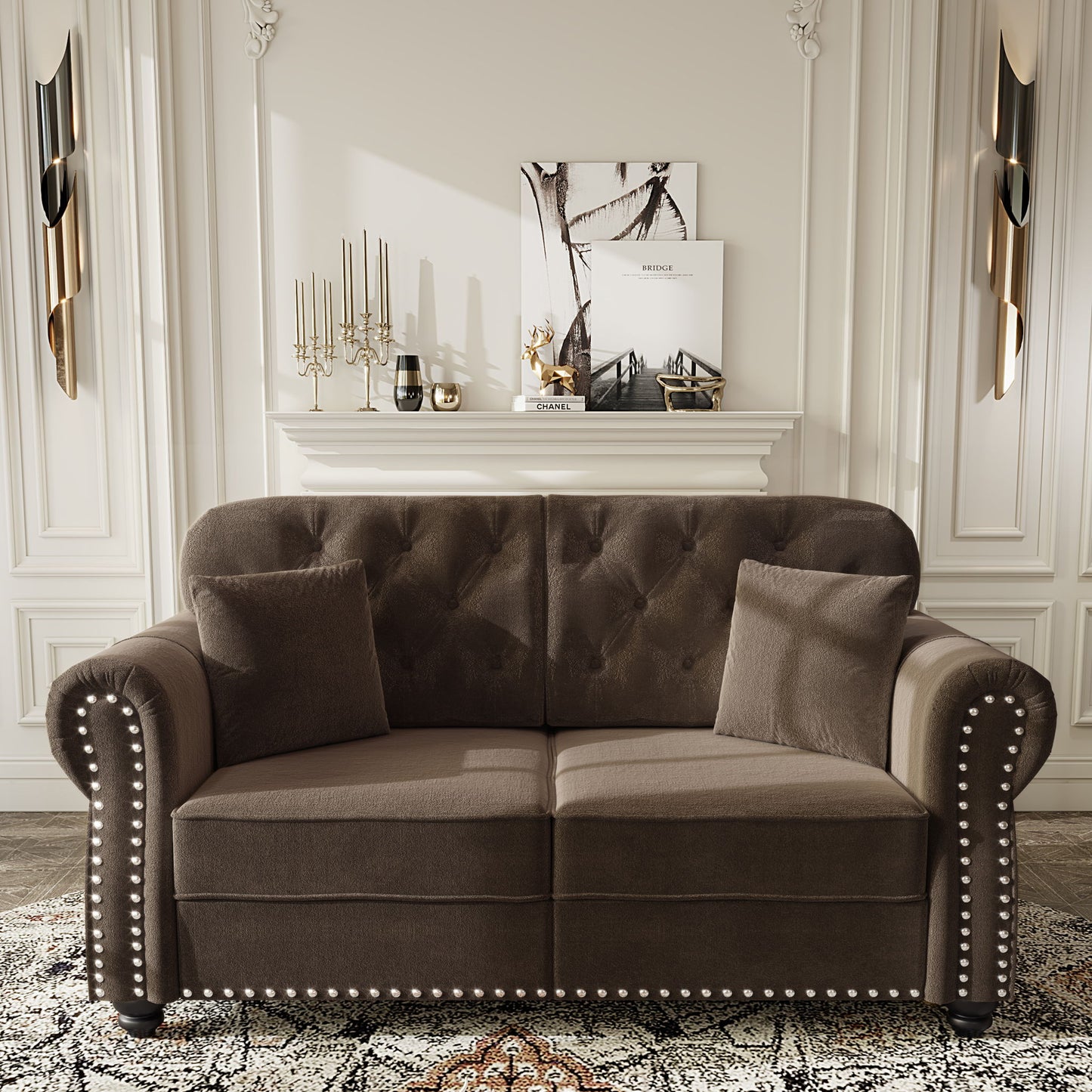 Upholstered Chesterfield Sofa With Nailhead Trim And Rolled Armrests Home Essentials