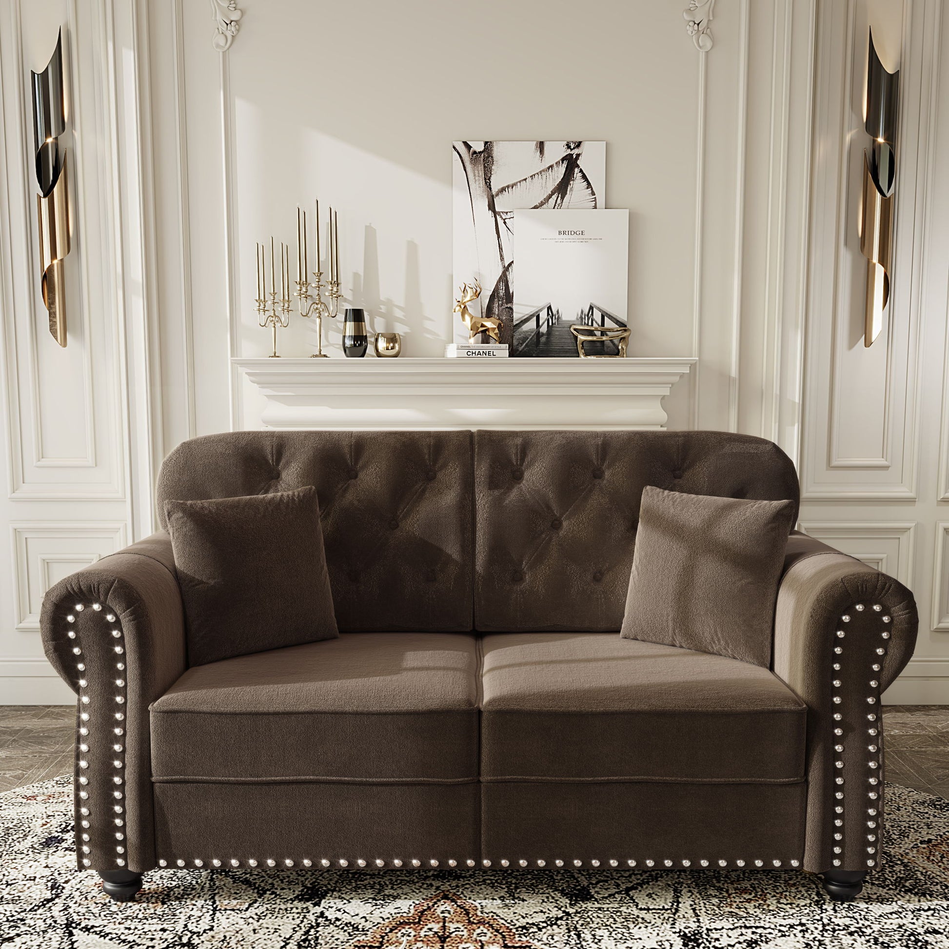 Upholstered Chesterfield Sofa With Nailhead Trim And Rolled Armrests Home Essentials