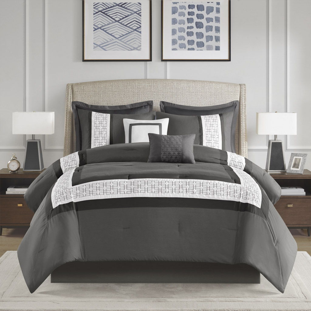 Powell - 8 Piece California King Embroidered Comforter Set - Dark Gray 510 Design
