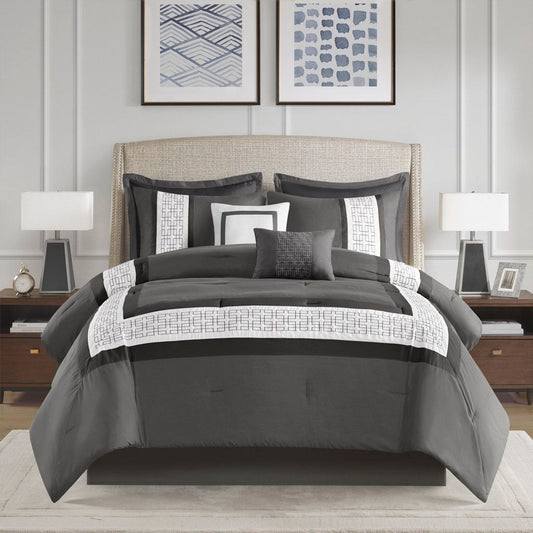 Powell - 8 Piece King Embroidered Comforter Set - Dark Gray 510 Design