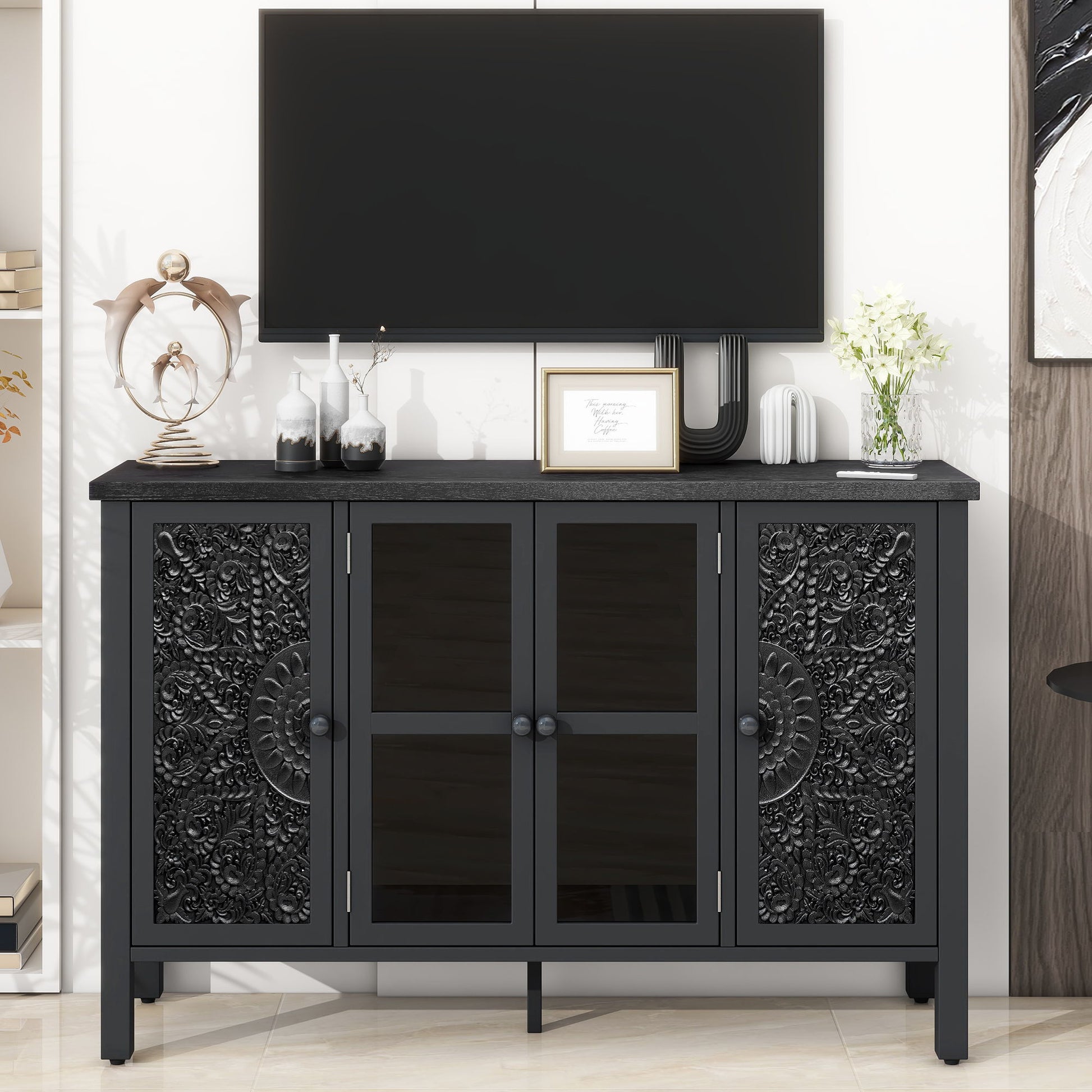 Retro TV Stand With 3 Spacious Cabinets, Glass Cabinet Doors And Anti-Tip Device Hearth and Haven