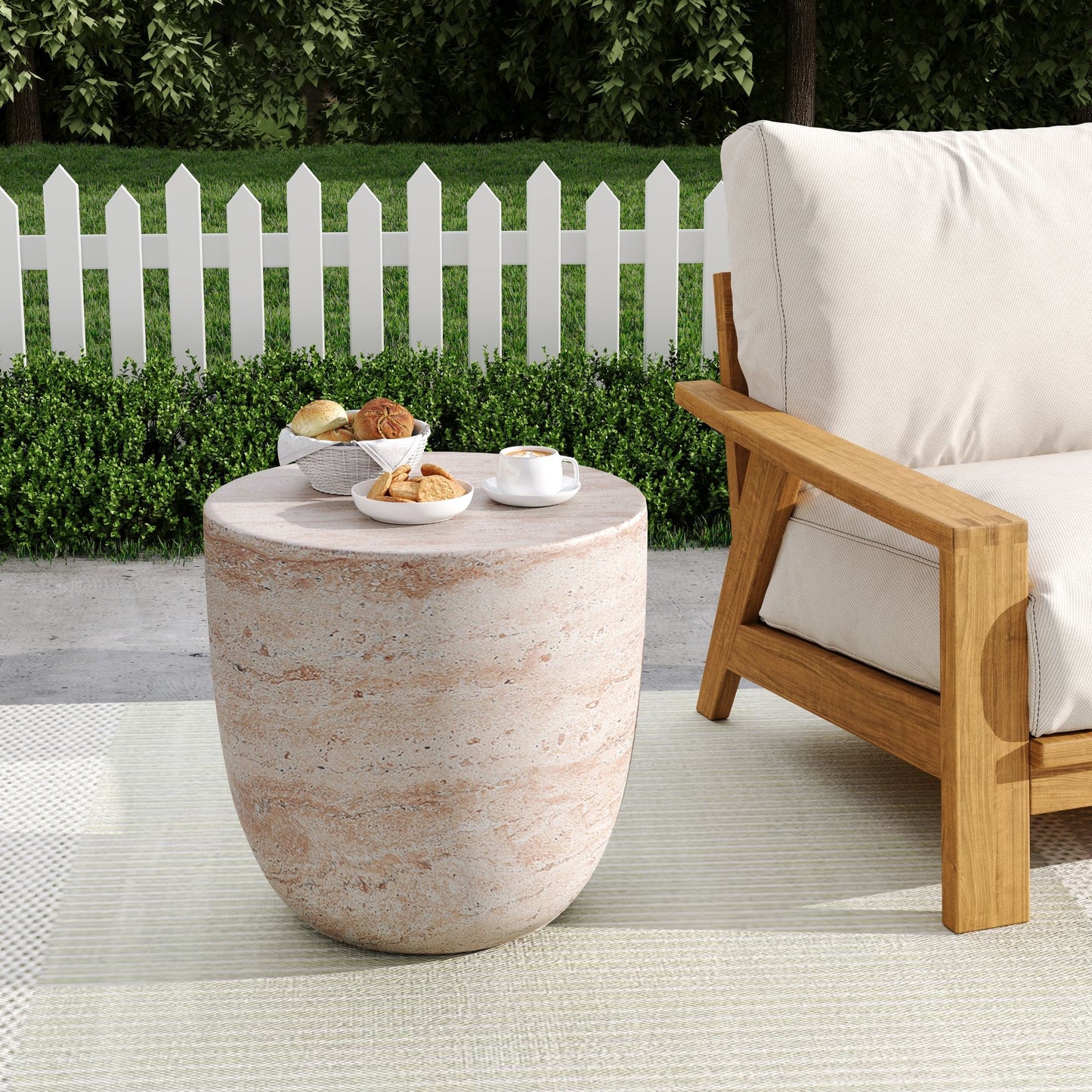 Outdoor / Indoor, Lightweight Concrete Side Table With Travertine - Beige Noble House