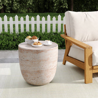 Outdoor / Indoor, Lightweight Concrete Side Table With Travertine - Beige Noble House