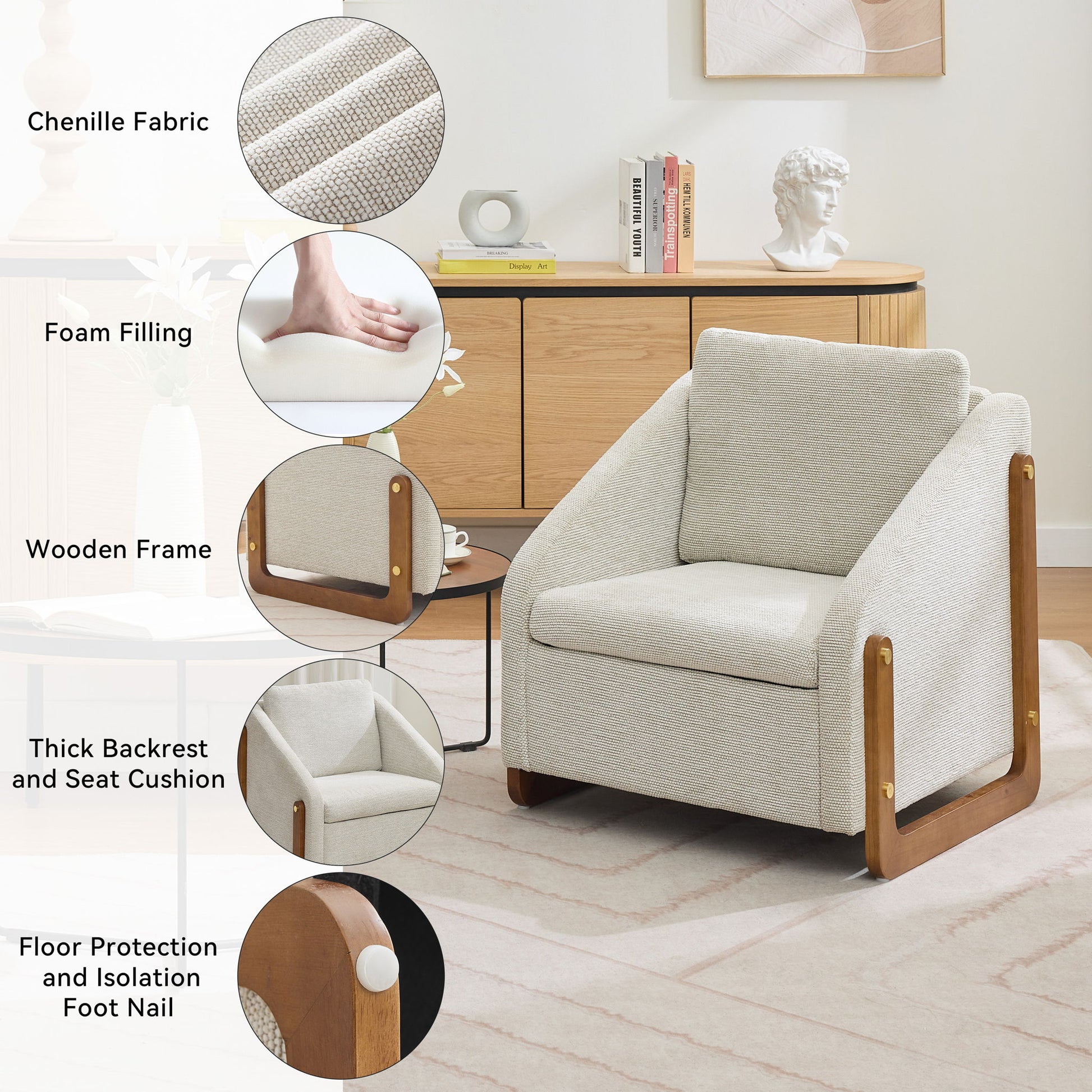 Modern Upholstered Armchair With Wooden Side Frame Home Essentials
