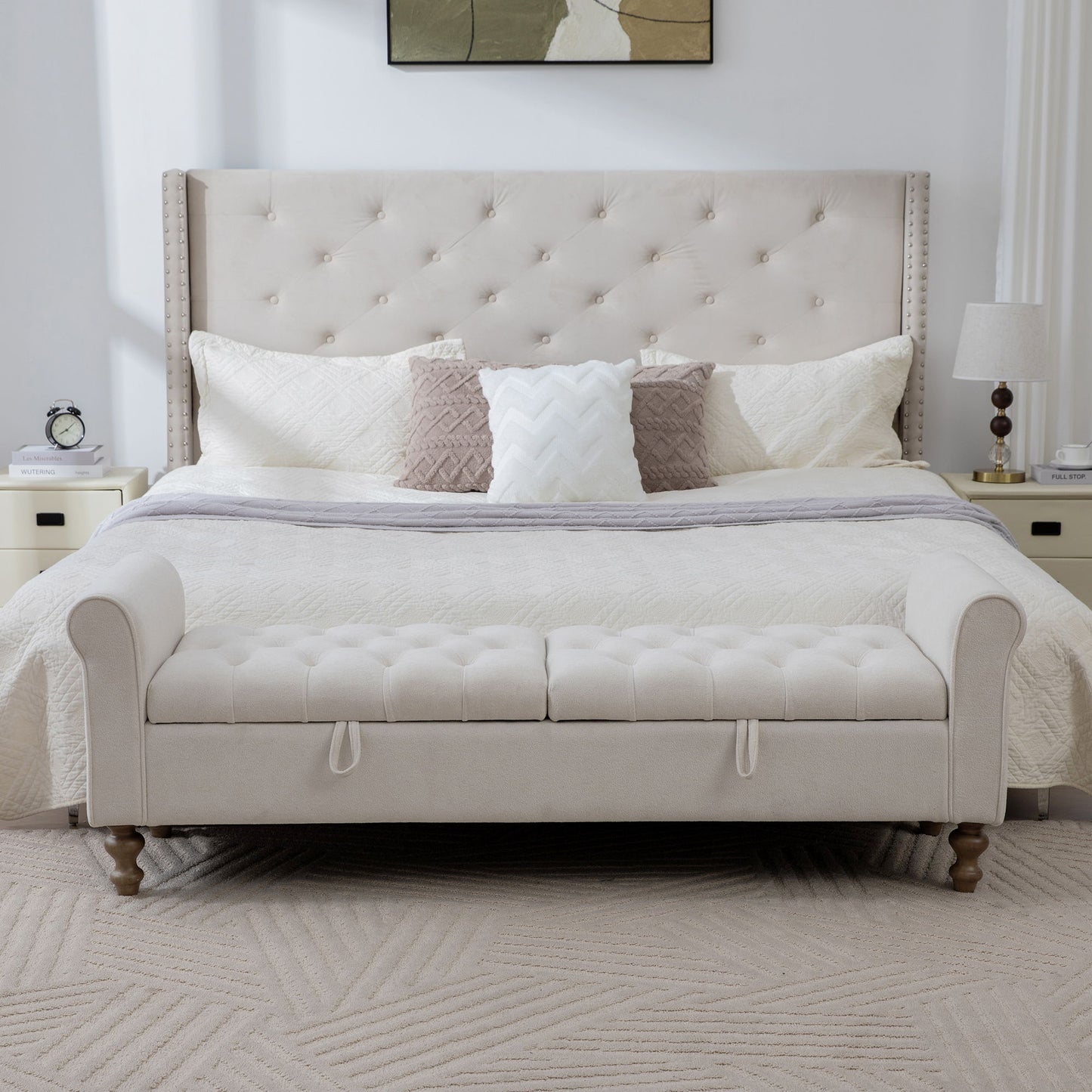 Modern Upholstered Storage Bench With Rolled Armrests] Home Essentials