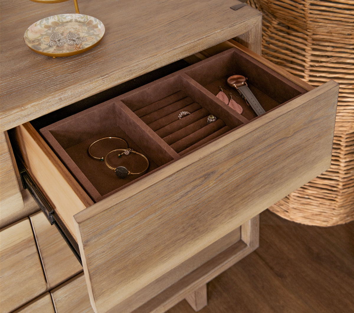 Stillwater 9-Drawer Dresser jewelry drawer detail in weathered oak
