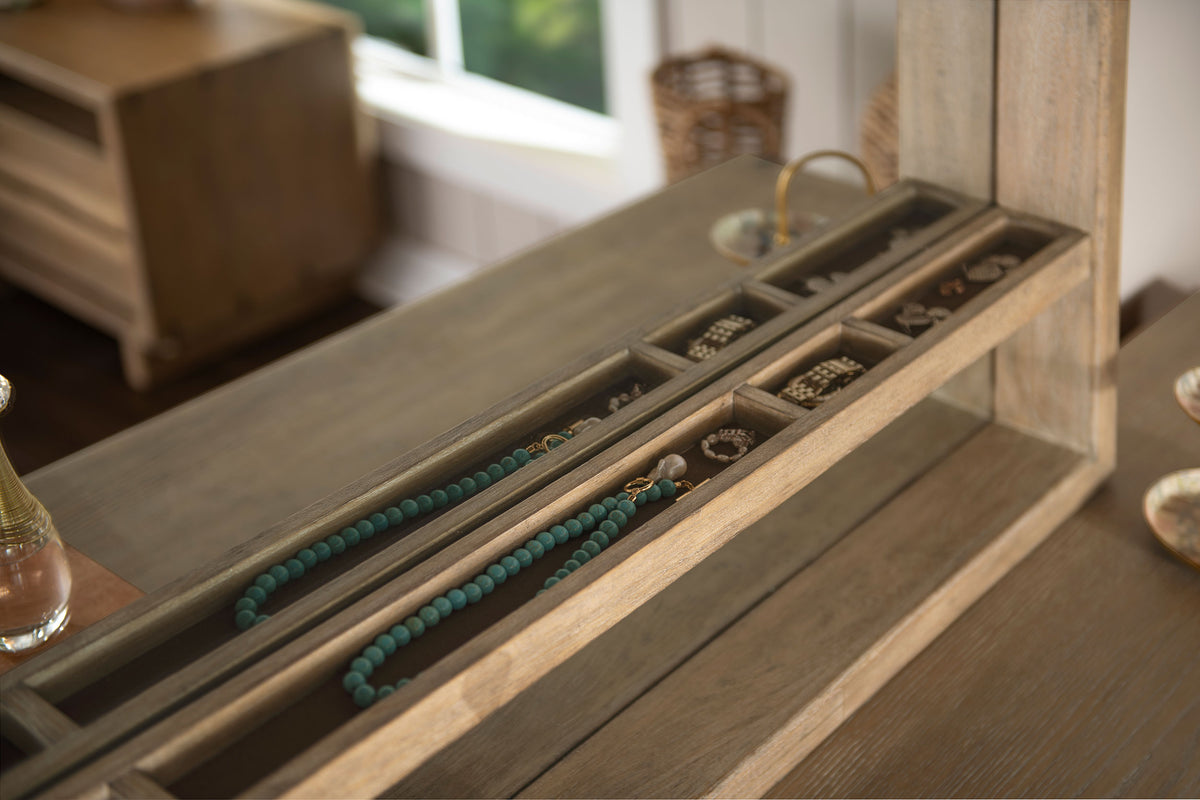 Stillwater 9-Drawer Dresser hidden jewelry storage detail in weathered oak