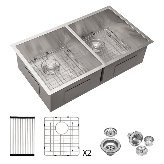 16 Gauge Undermount Double Bowl Kitchen Sink With 9" Deep Bowls - Brushed Nickel Daily Nest