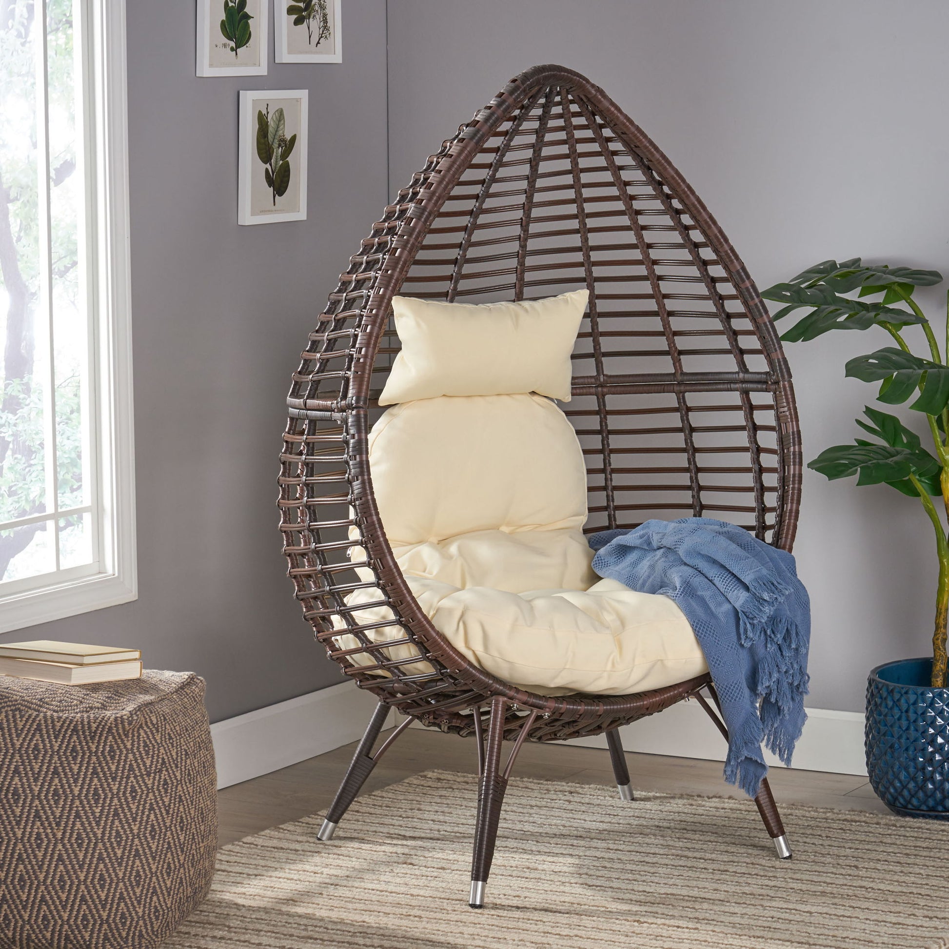 Cutter Teardrop Patio Chair With Water Resistant Cushion - Multi / Brown / Beige Noble House