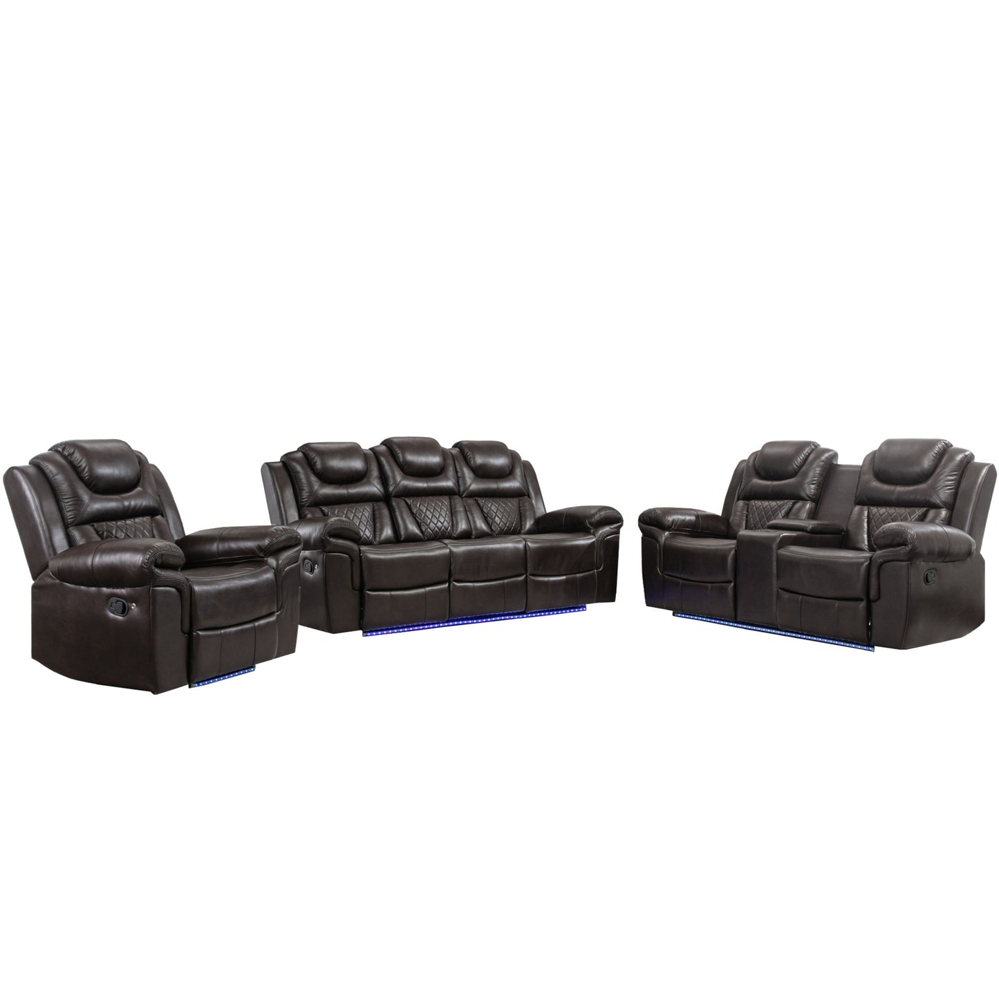 3 Pieces Recliner Sofa Sets Home Theater Seating Manual Recliner Chair With Center Console And LED Light Strip For Living Room Hearth and Haven