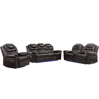 3 Pieces Recliner Sofa Sets Home Theater Seating Manual Recliner Chair With Center Console And LED Light Strip For Living Room Hearth and Haven