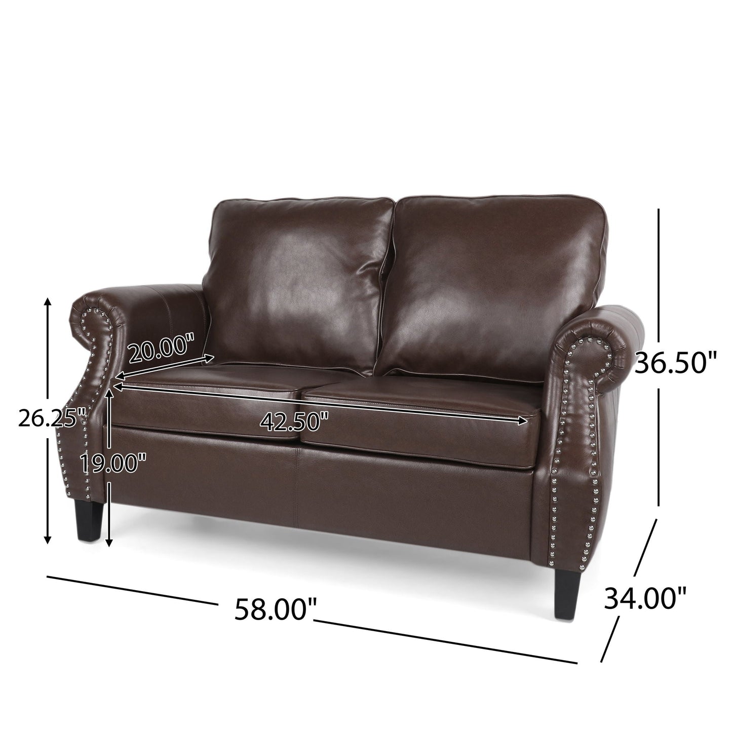 Contemporary Loveseat With Nailhead Trim - Dark Brown Noble House