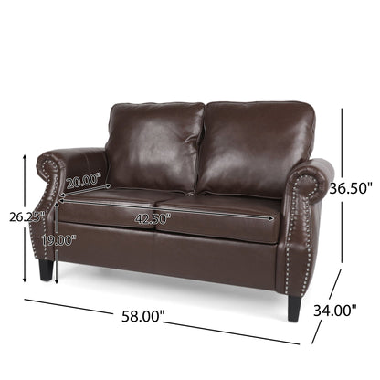 Contemporary Loveseat With Nailhead Trim - Dark Brown Noble House