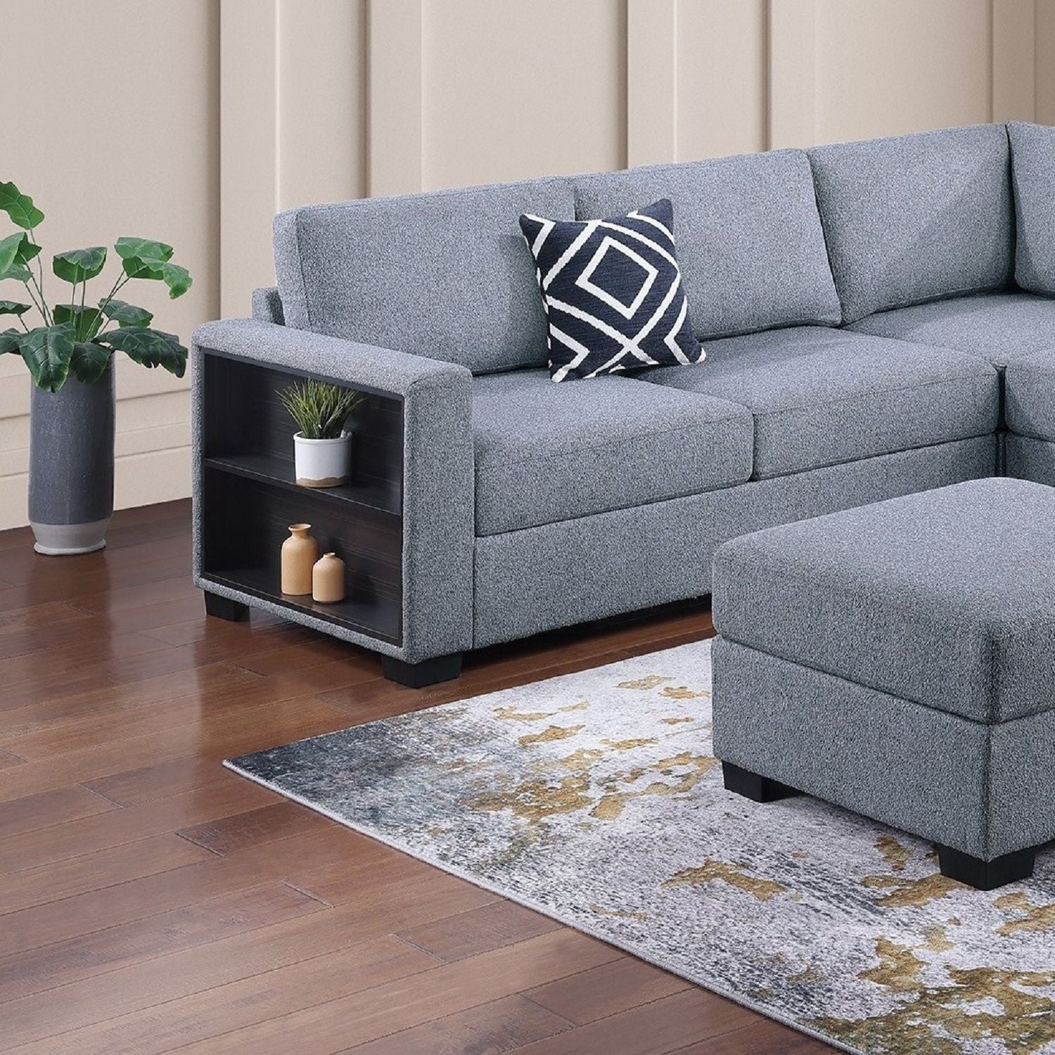 Contemporary Sectional Sofa 4 Piece Set With Built In Shelves L - Shaped Design Home Essentials