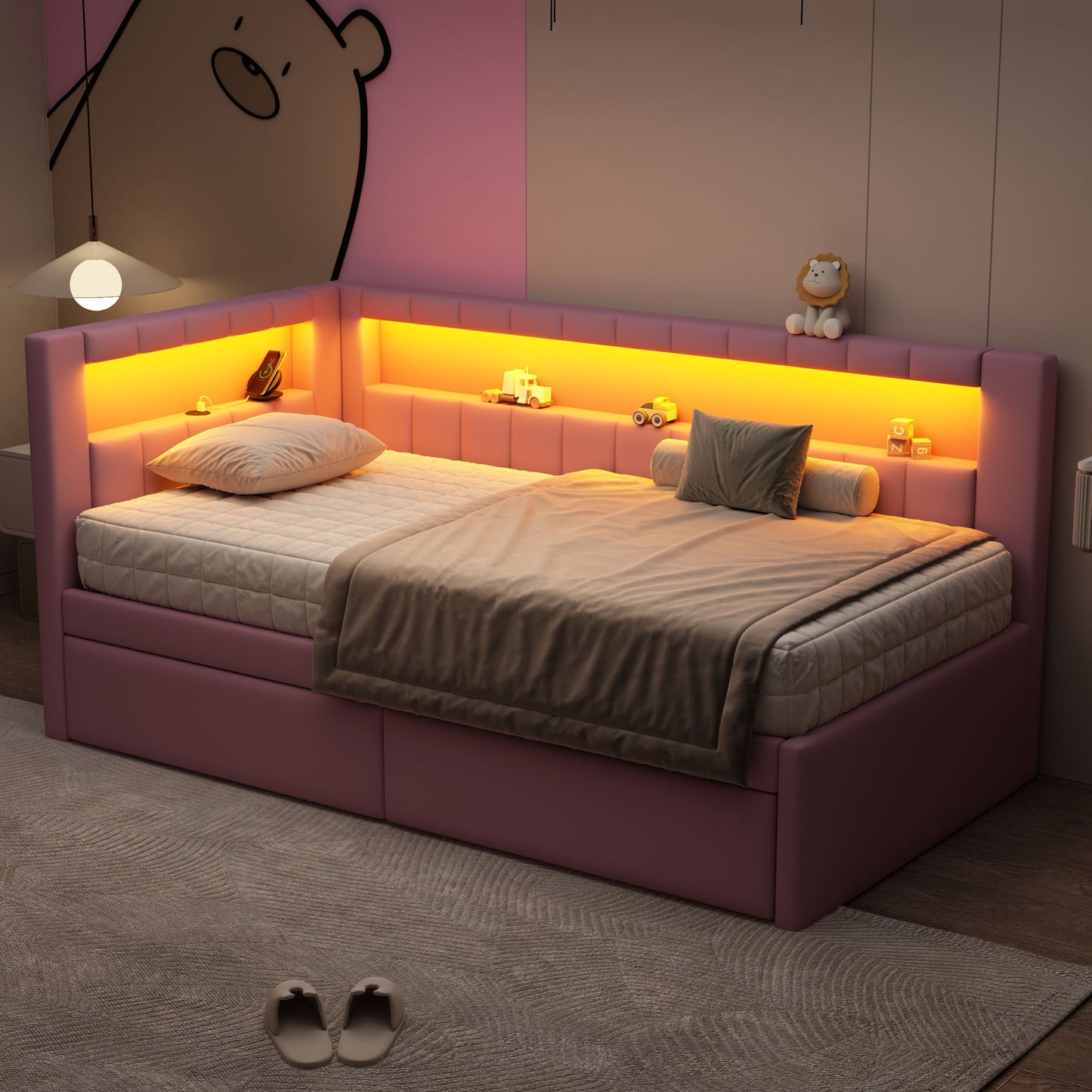Upholstered Platform Bed With USB Ports And LED Belt Dreamland