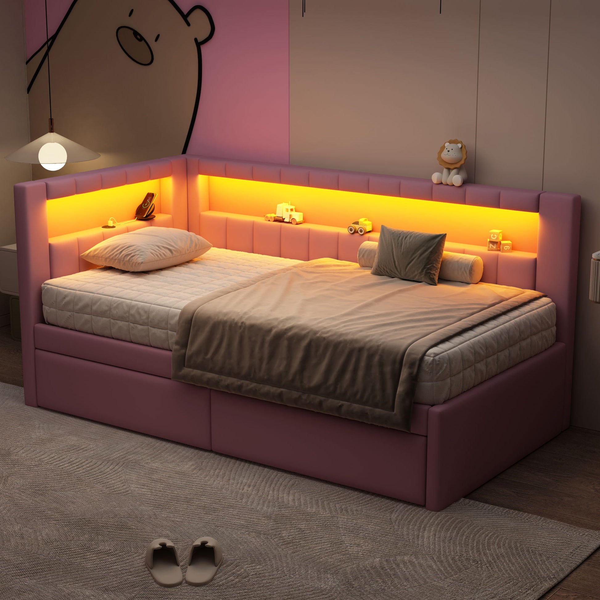 Upholstered Platform Bed With USB Ports And LED Belt Dreamland