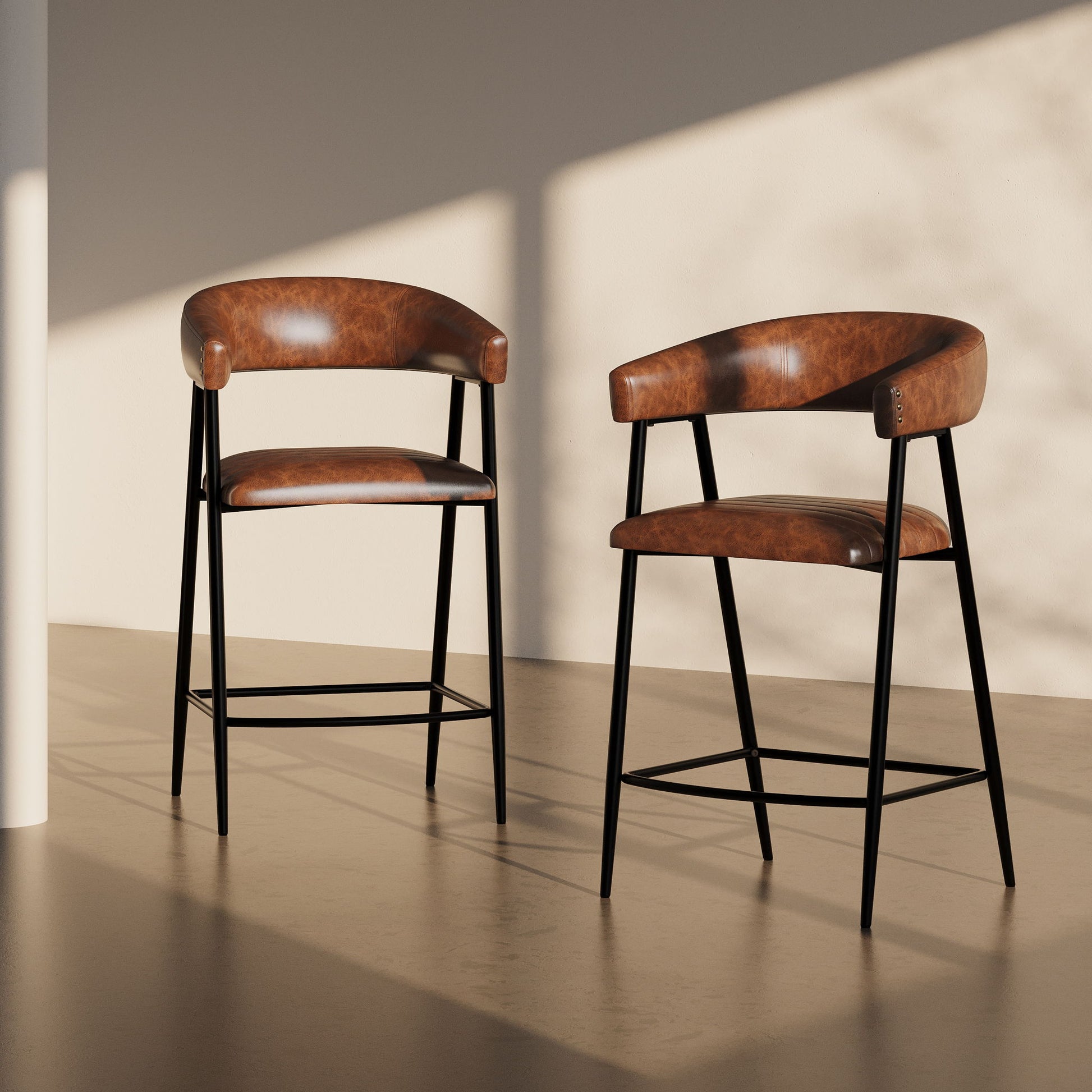 Counter Stools (Set of 2), Upholstered Counter Stools With Iron Frame, Backrest, Footrest, Arm Counter Stools For Home Bar, Kitchen Counter - Brown Noble House