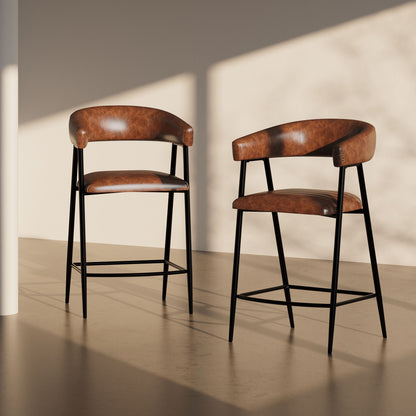 Counter Stools (Set of 2), Upholstered Counter Stools With Iron Frame, Backrest, Footrest, Arm Counter Stools For Home Bar, Kitchen Counter - Brown Noble House