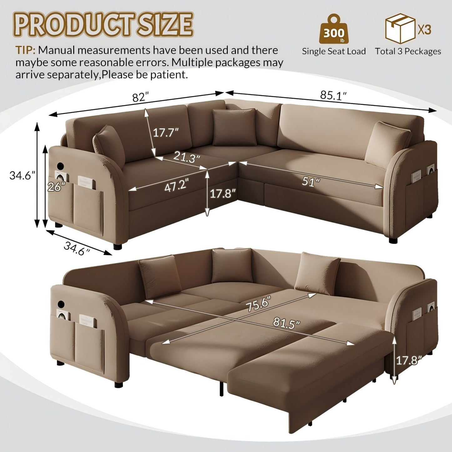L-Shaped Couch With Pull-Out Bed, Oversize Convertible Sleeper Sofa With Side Pocket & USB Port Home Essentials