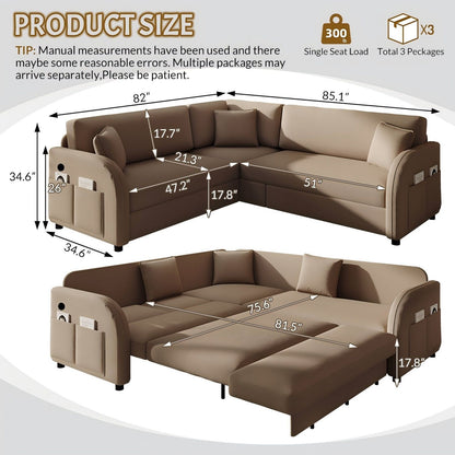 L-Shaped Couch With Pull-Out Bed, Oversize Convertible Sleeper Sofa With Side Pocket & USB Port Home Essentials