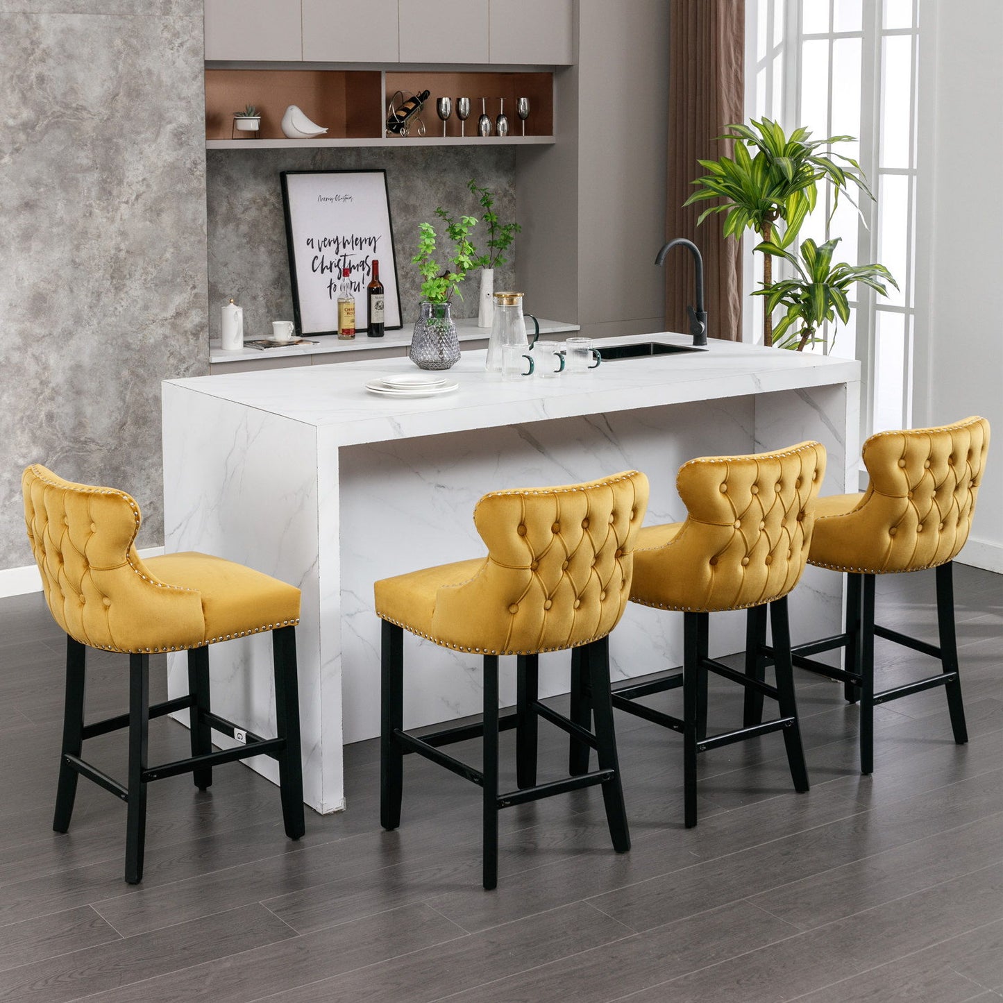 Contemporary Velvet Upholstered Wing-Back Barstools With Button Tufted Decoration And Wooden Legs, And Chrome Nailhead Trim, Leisure Style Bar Chairs, Bar Stools (Set of 4) Home Essentials
